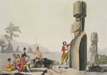 Monumento à Ilha, da visita do Capitão Cook à Ilha de Páscoa (gravura a cores)